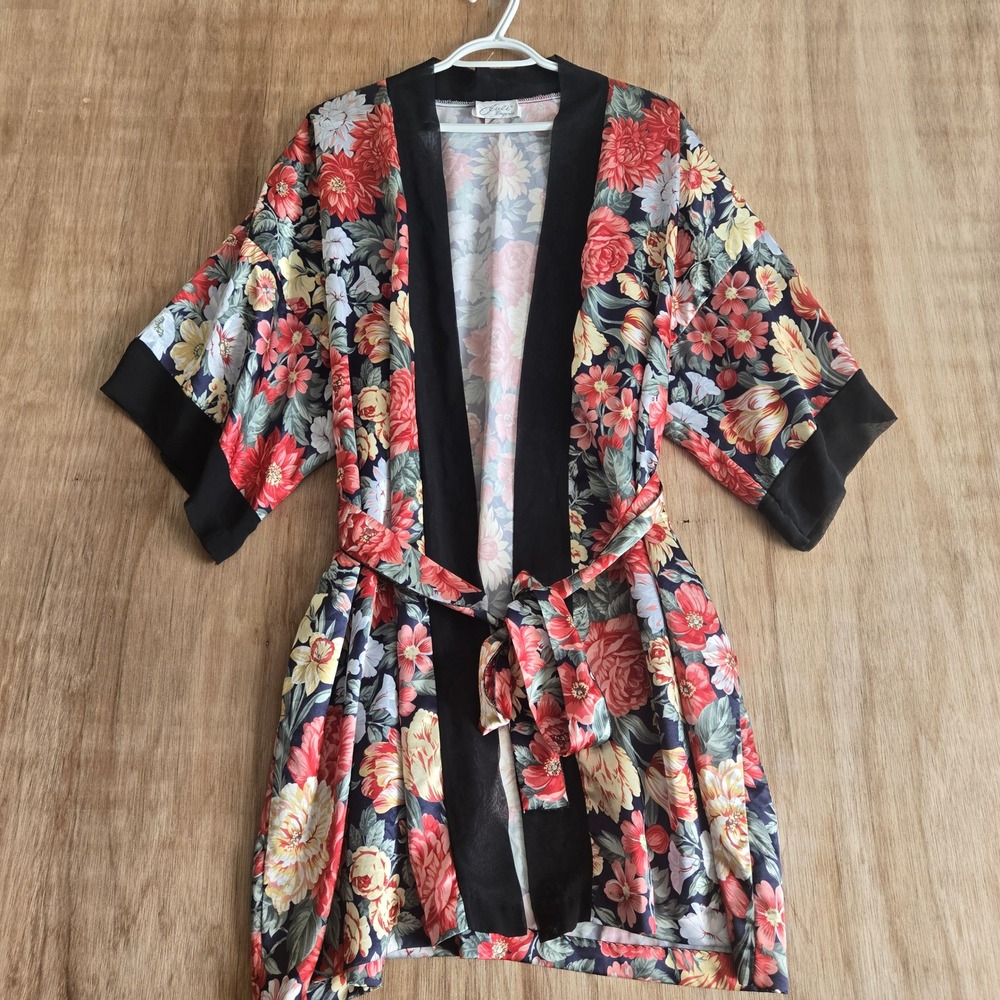 Floral Satin Robe Kimono Short Wrap Tie Belt Black Trim Size Large
